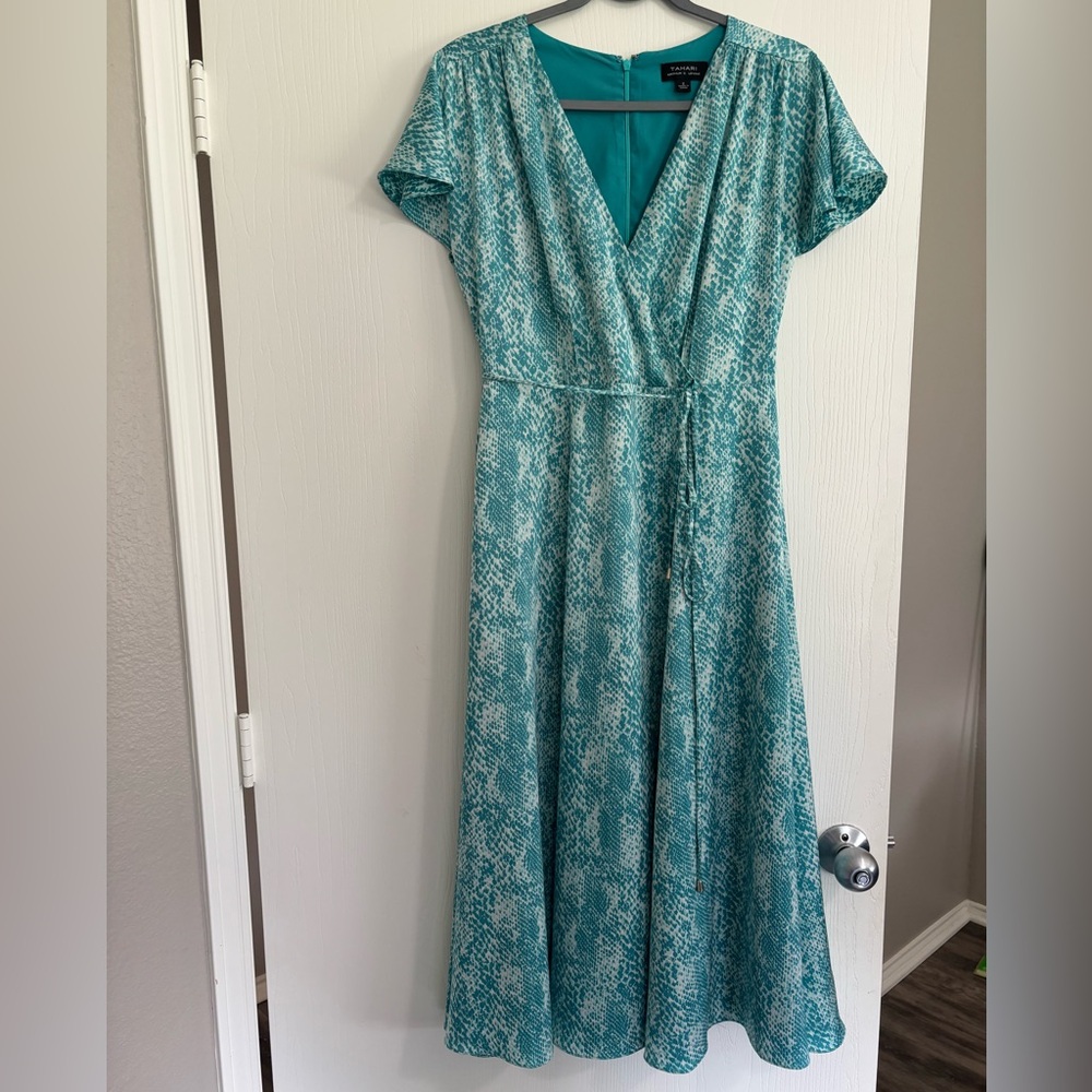 Tahari Teal Pattern Boho Maxi Dress Women V neck Summer Spring Casualchic Size 6
